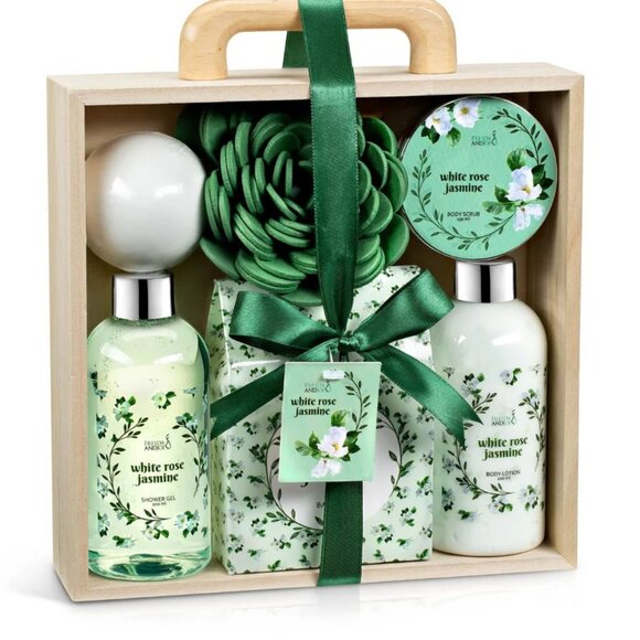 White Rose Jasmine Bath & Body Set | Aromatherapy Gift in Wood Curio Box - Picture 1 of 5